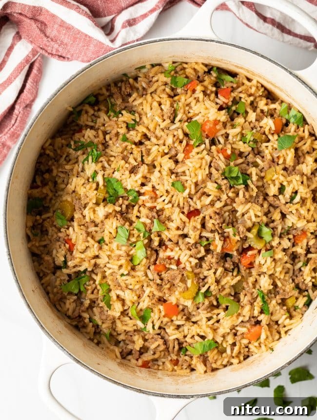 Top down view of a pot of creole rice sprinkled with fresh parsley.