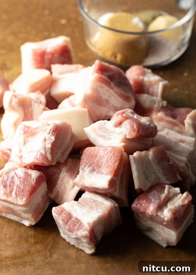Uncooked bite-sized pork belly cubes, perfectly prepared for seasoning.