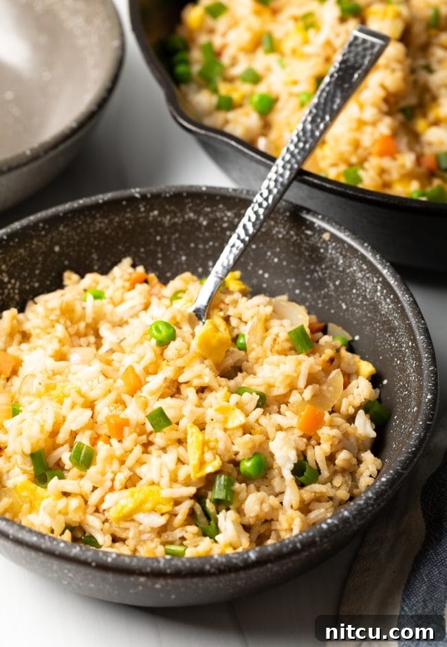 Bowl of cooked hibachi fried rice with a spoon, showing off its delicious details.