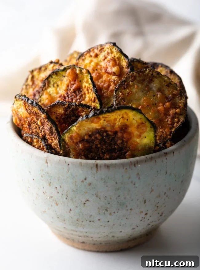 Close view of a speckled bowl filled with freshly fried zucchini chips, garnished with herbs.