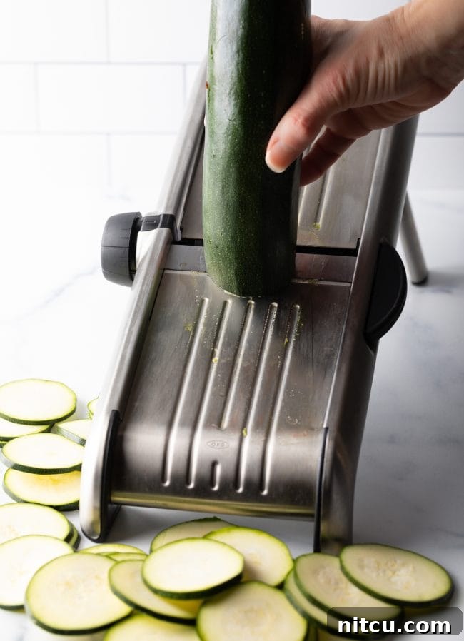 A hand holding a whole zucchini, carefully slicing it into thin rounds using a metal mandoline slicer.
