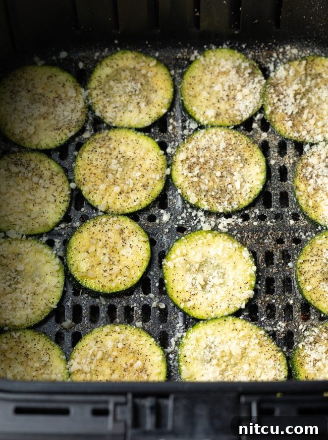 Top-down view of raw, seasoned zucchini slices arranged in a single layer inside an air fryer basket, dusted with spices and parmesan cheese.