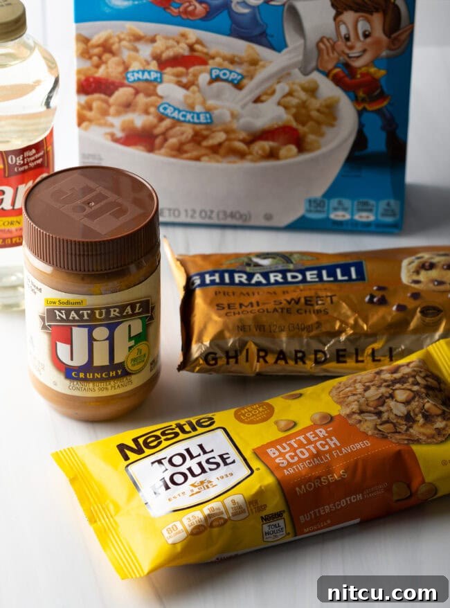 Ingredients needed: Crunchy peanut butter, chocolate chips, butterscotch chips, Rice Krispies cereal, and corn syrup.