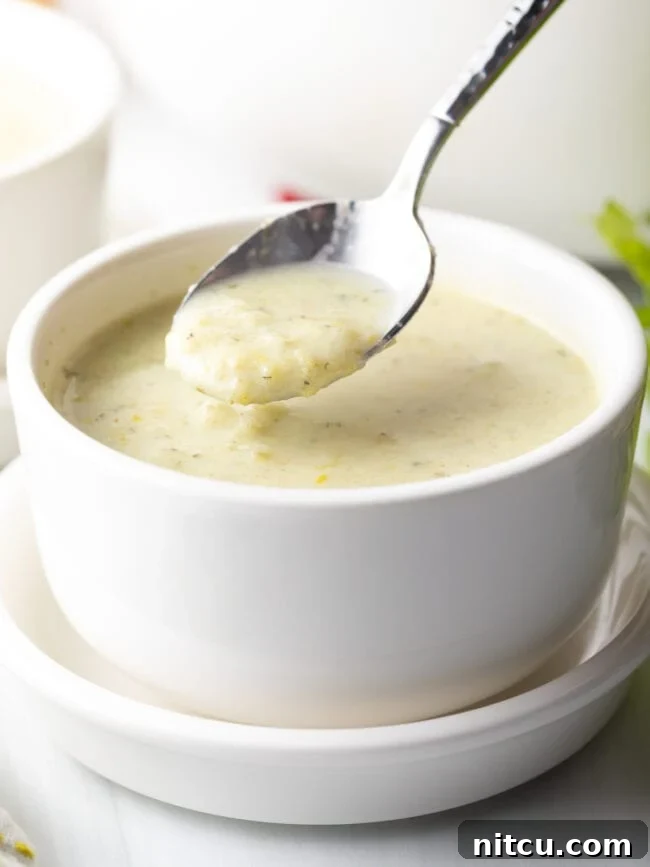 Metal spoon holding spoonful of creamy celery soup to camera.