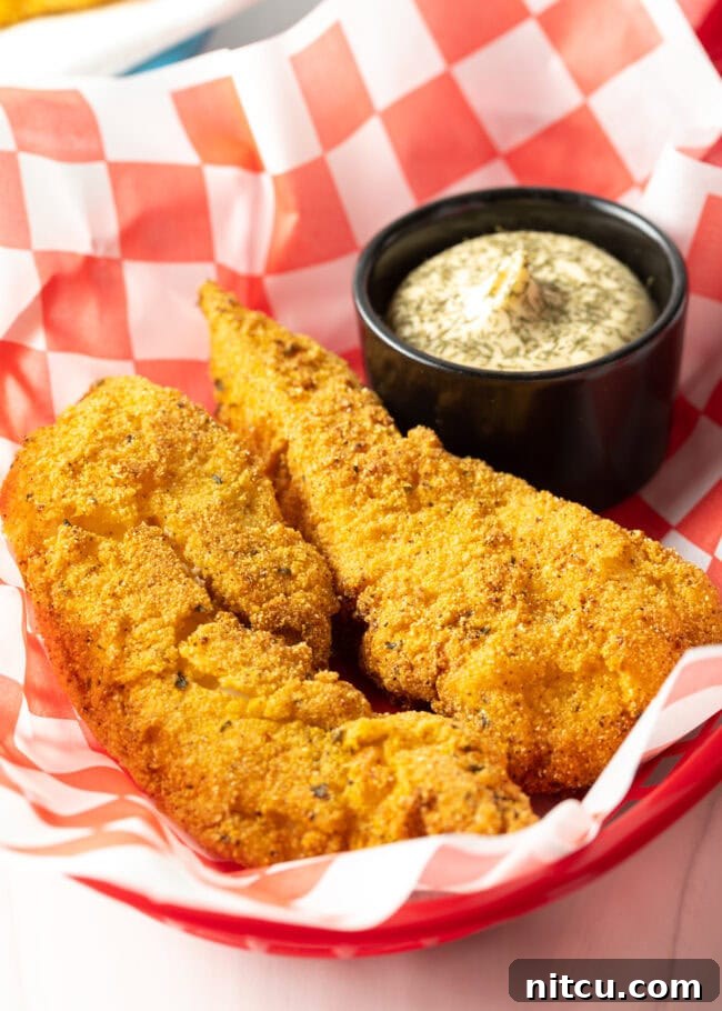 A rustic basket holding two pieces of perfectly golden cornmeal fried fish, accompanied by a small ramekin of creamy tartar sauce, ready to be enjoyed.