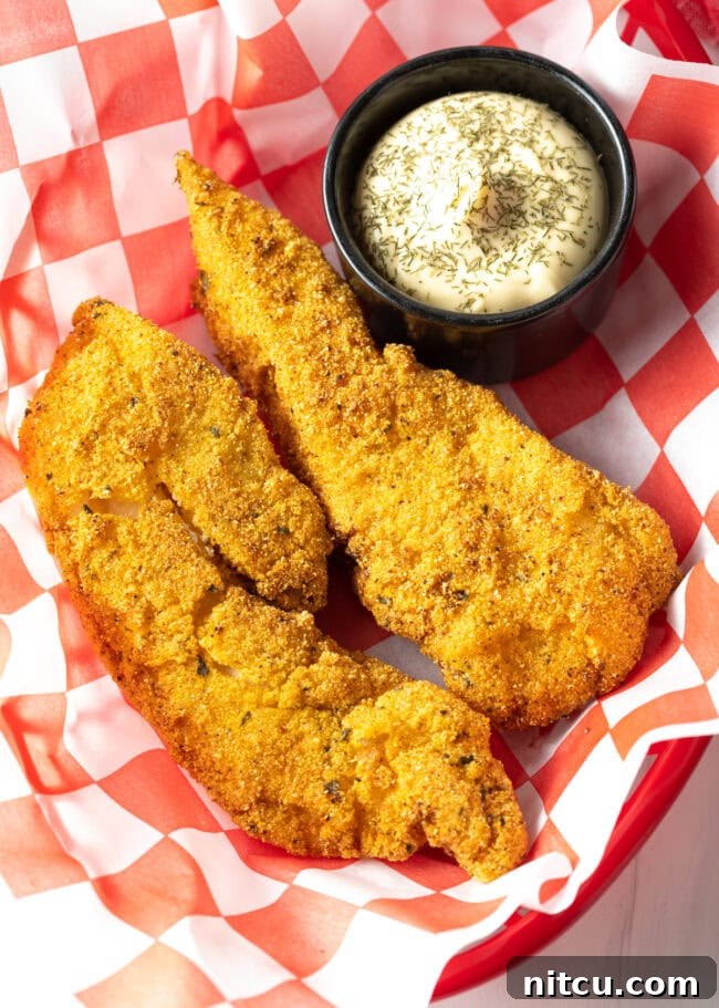 A top-down view of two beautifully fried pieces of cornmeal-crusted fish in a basket, with a small dish of tartar sauce on the side.
