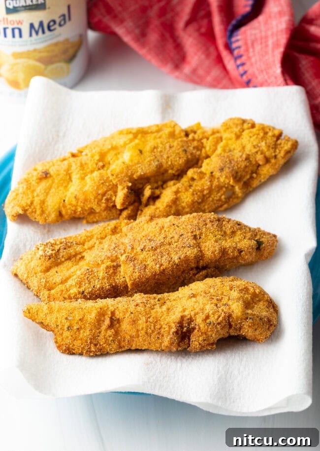 A fish fillet being dredged through a shallow pan of cornmeal seasoning, ensuring a full and even coating.
