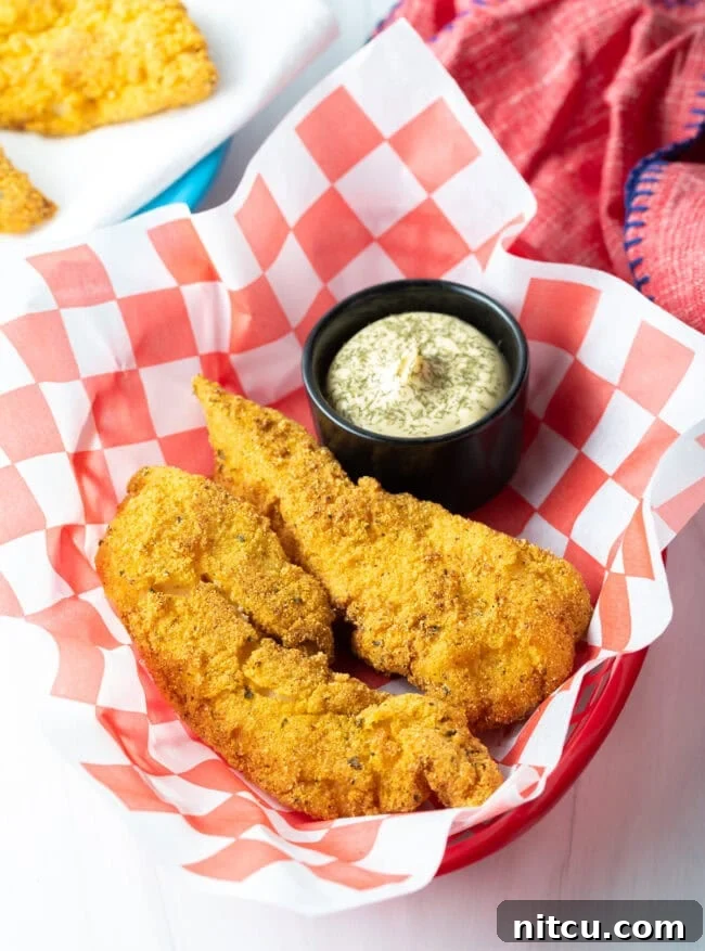 A rustic basket filled with golden-brown fried fish fillets, accompanied by a small ramekin of creamy tartar sauce.