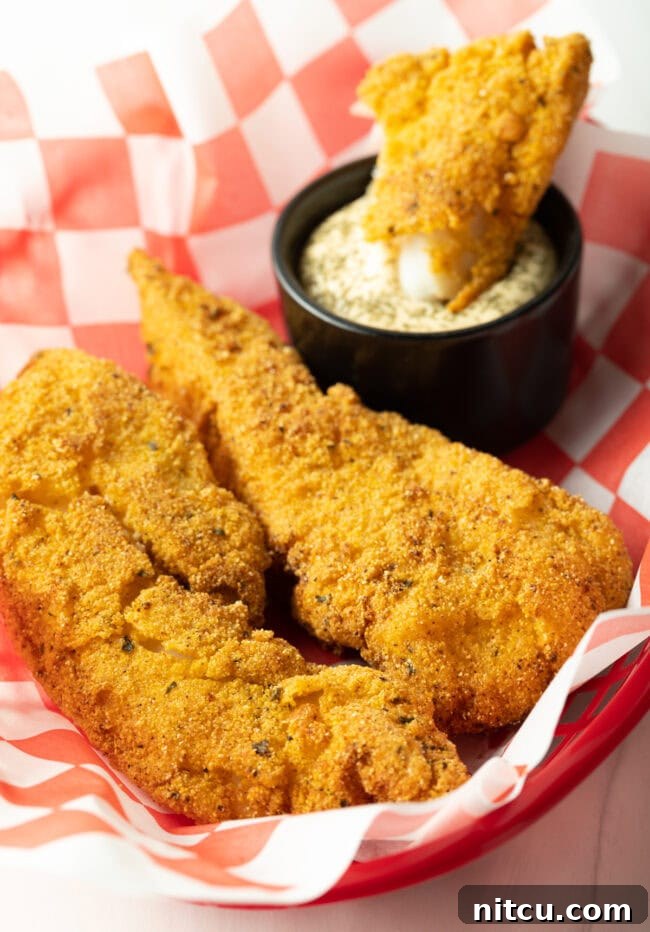 Close-up of two pieces of fried fish in a basket, with one piece being dipped into a ramekin of creamy tartar sauce.