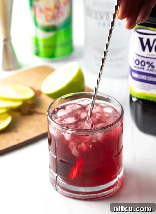 A metal swizzle stick stirring a Transfusion cocktail in a tall glass.