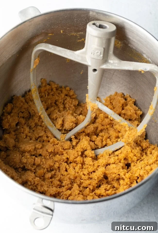 A mixing paddle inside a metal bowl, holding creamy cookie dough, ready for the next step.