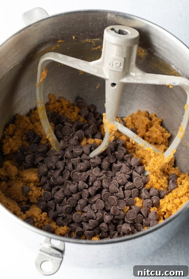 Chocolate chips generously folded into creamy cookie dough in a metal bowl, ready for baking.