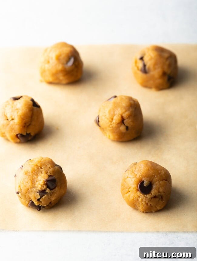 Neatly arranged round balls of raw cookie dough on parchment paper, perfectly portioned.