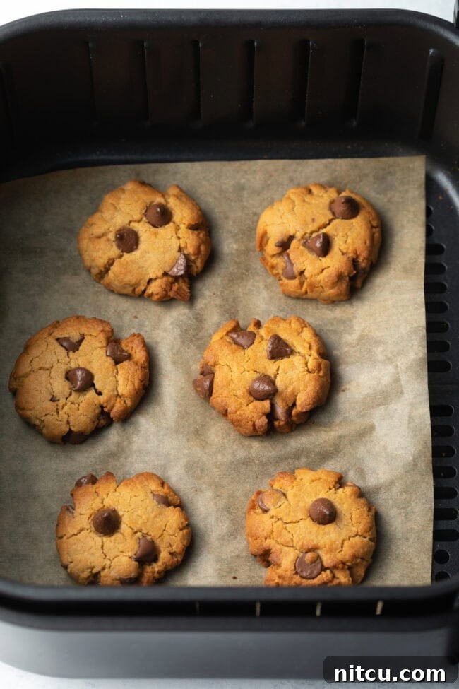 Freshly air-fried cookies cooling on parchment paper inside the air fryer basket.