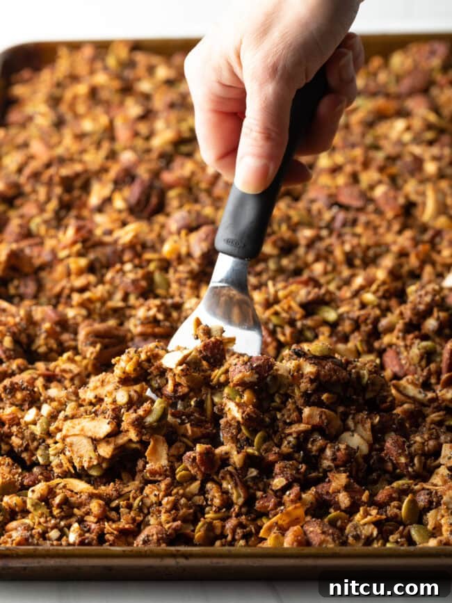 Close-up of golden, crunchy keto granola in a large bowl.