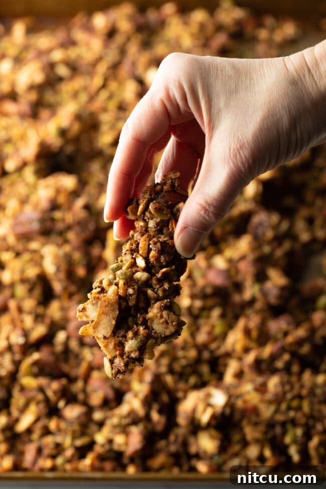 A bowl filled with freshly made keto granola, ready for serving.