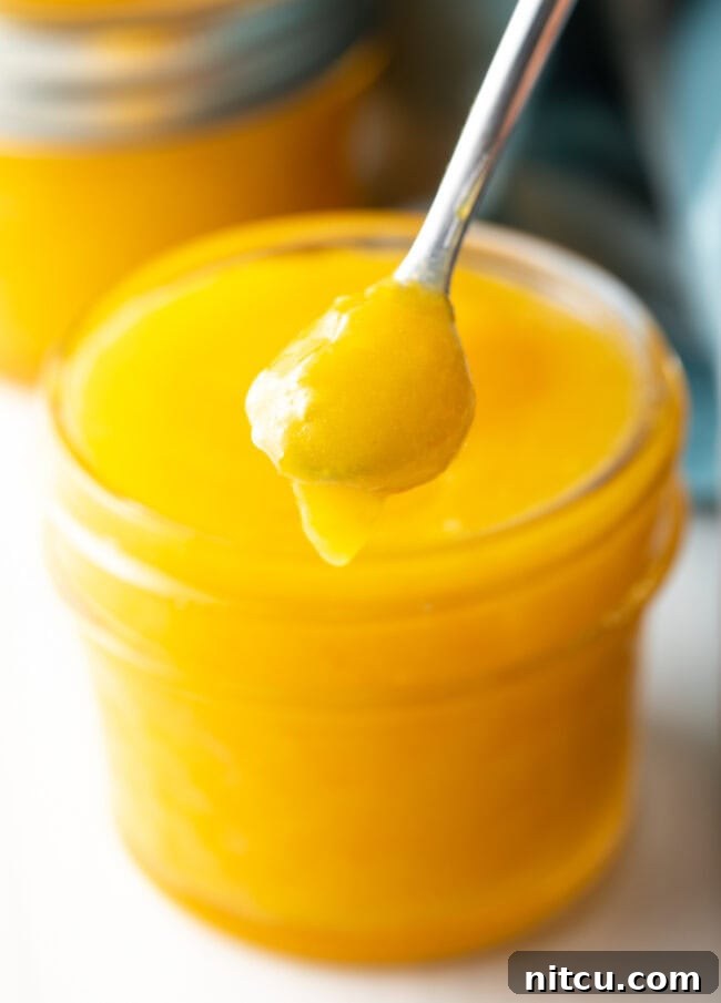 Orange Curd Recipe - Spoon holding orange curd to camera. A close-up shot of a spoon filled with luscious homemade orange curd, glistening and ready to be enjoyed. The rich, sunny color of the curd promises a burst of fresh citrus flavor, perfect for any meal or snack.
