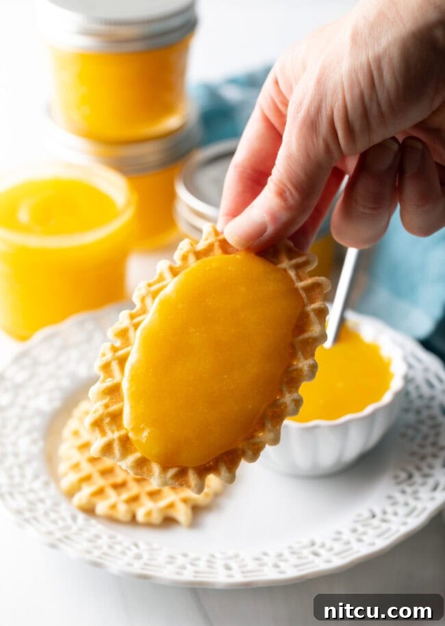 Hand holding cookie with orange curd towards camera. A hand delicately holds a cookie generously topped with vibrant orange curd, presenting it towards the camera. This shot perfectly captures the appealing texture of the curd and suggests a delicious moment of indulgence, highlighting the curd's rich color and smooth consistency.