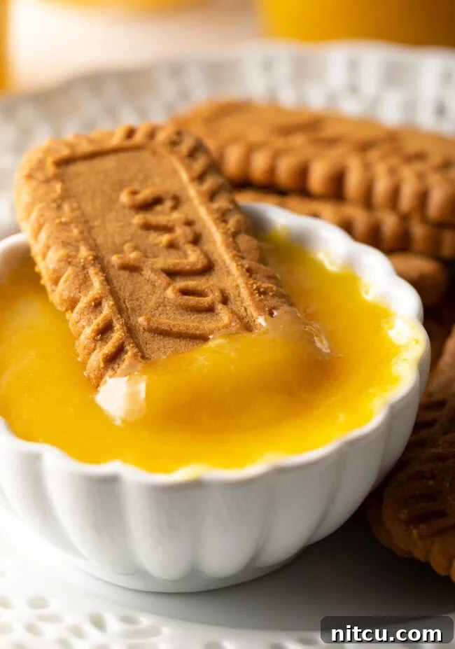 Close view small white dish with curd and cookie dipped. A close-up shot capturing a small white dish overflowing with golden orange curd, with a delicious cookie partially dipped into its creamy texture. This image highlights the curd's inviting consistency and its perfect pairing with baked goods.