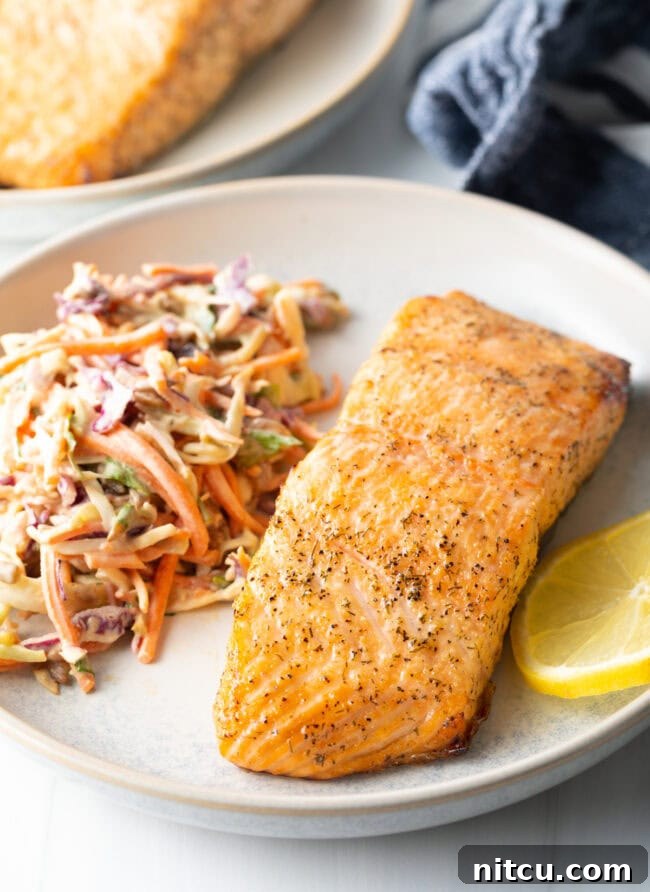Plated fillet of salmon with coleslaw. Perfect air-fried salmon meal.