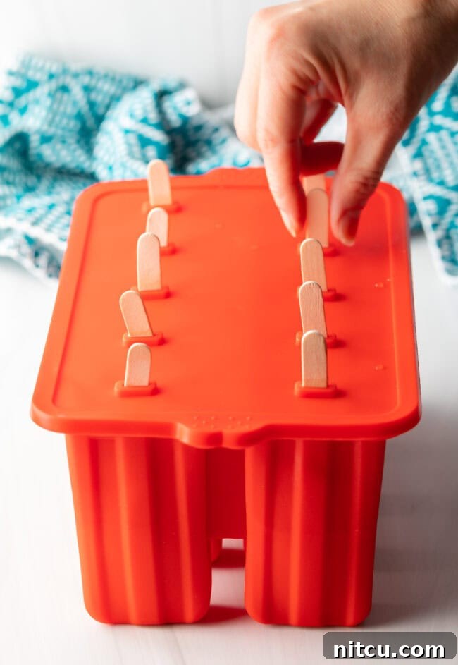Popsicle sticks and the lid being placed onto a mold filled with the coconut mixture, ready for freezing.