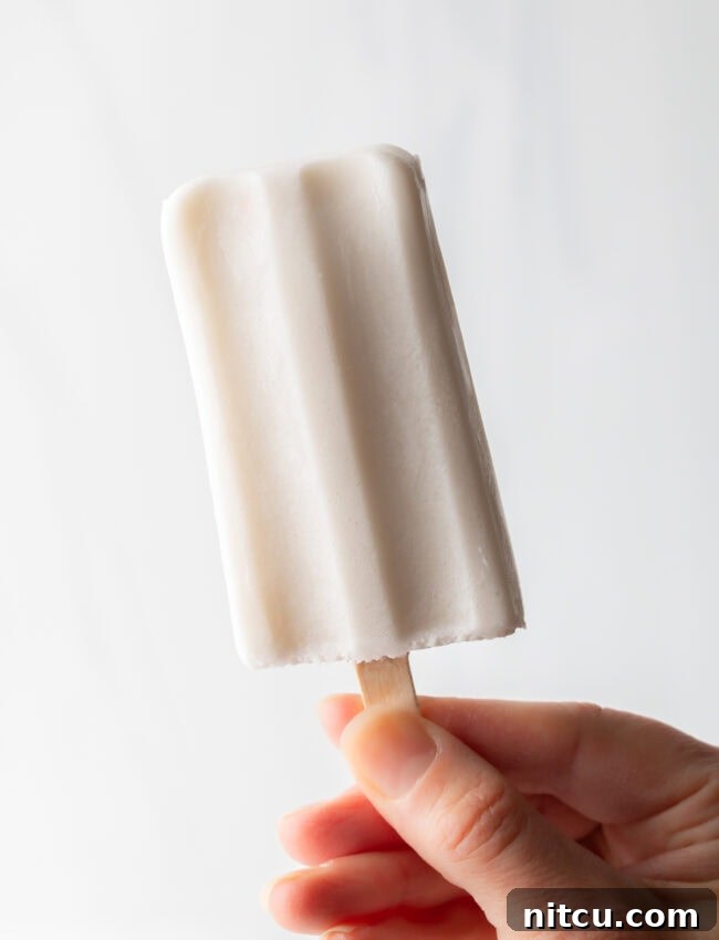 A hand holding a freshly released coconut milk popsicle, perfectly frozen and ready to eat.
