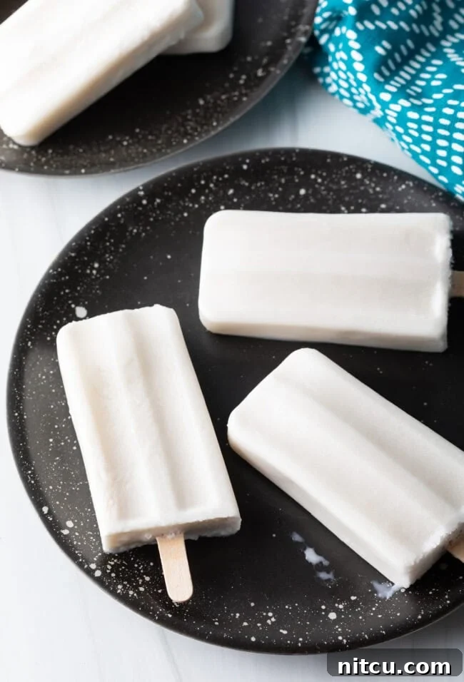 A top-down view of three dairy-free coconut popsicles on a plate, showcasing their inviting texture and appearance.