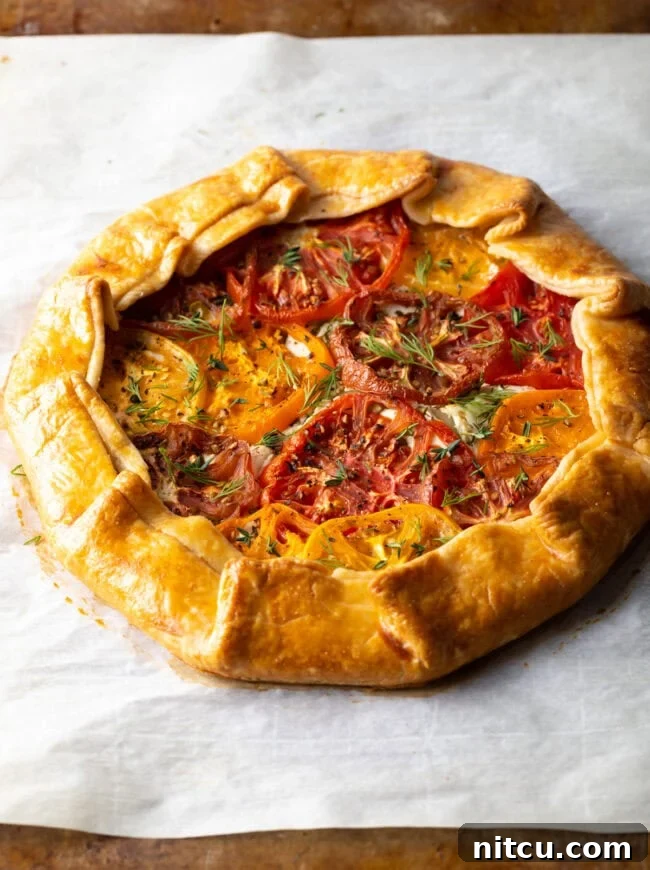 Freshly baked Italian Tomato Pie, a savory galette with vibrant heirloom tomatoes and goat cheese, ready to be served.