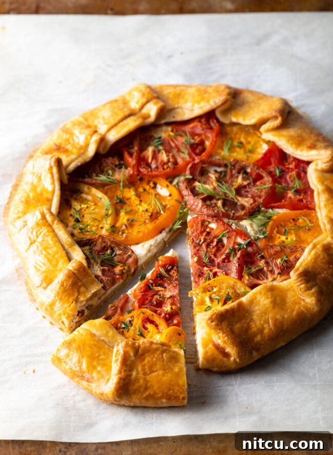 Savory crostata on baking paper, one slice moved to the side, showcasing its delicious layers and rustic charm.