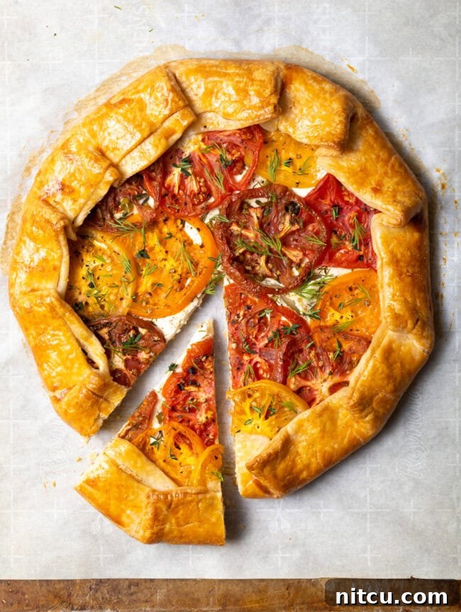 Top view of a baked savory tomato crostata with one slice gently pulled away, revealing the creamy goat cheese layer.