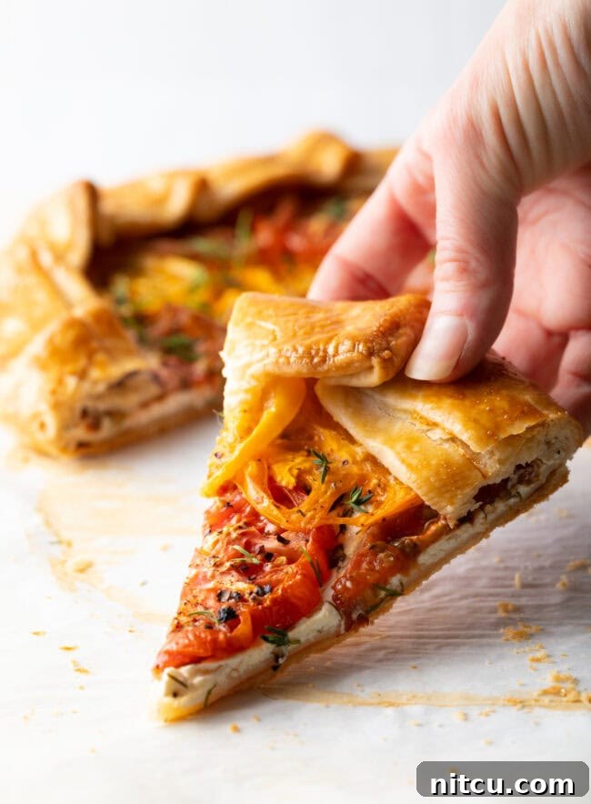 A hand holding a slice of Italian Tomato Pie, showcasing the golden crust and layers of colorful heirloom tomatoes and goat cheese.