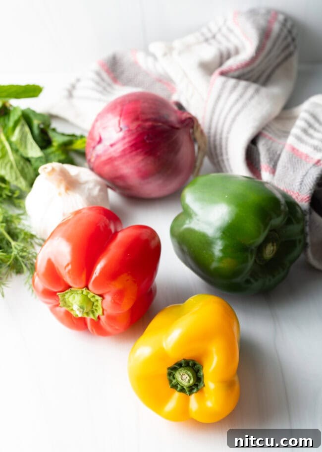A collection of fresh ingredients laid out for bell pepper salad, including bell peppers, carrots, red onion, dill, and mint.