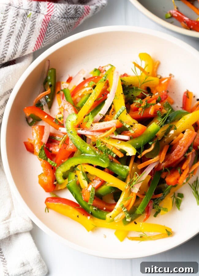 A beautiful top-down view of the crunchy bell pepper salad, perfectly tossed and ready to be served, showcasing its vibrant colors.