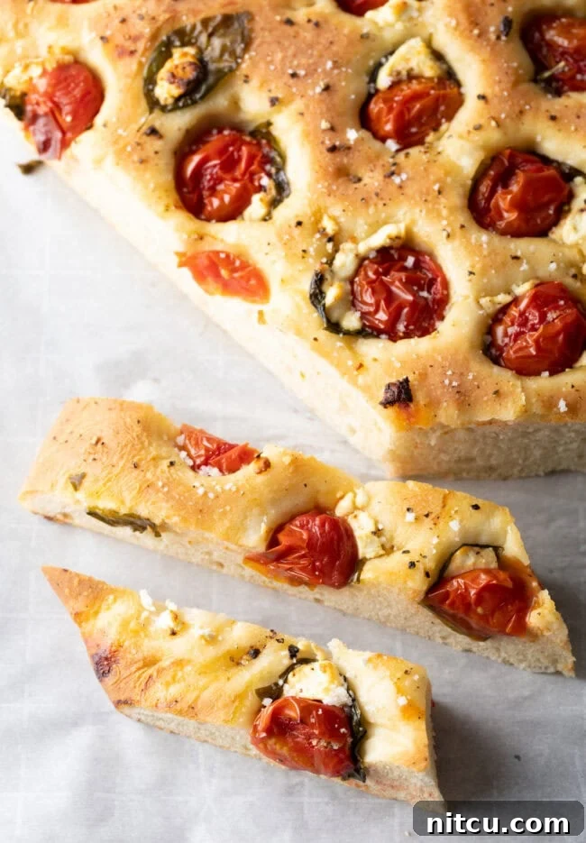 Top down view large tomato basil focaccia cut into sticks.
