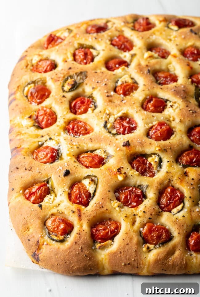 Close view baked focaccia.