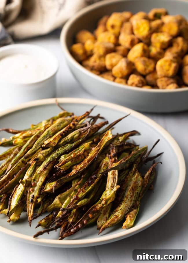 Healthy okra fries on a plate with platter of fried pieces in background.