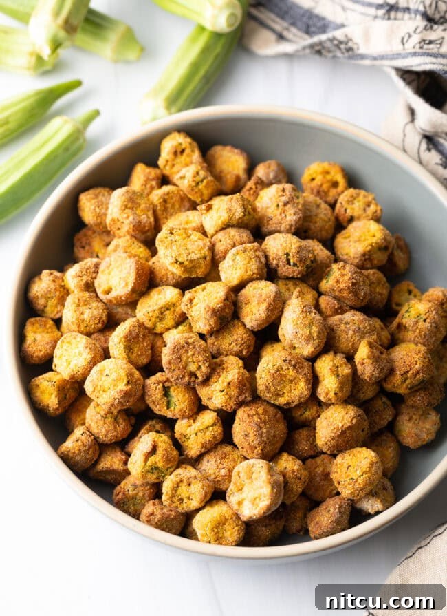 Top down pieces of crunchy air fried okra.