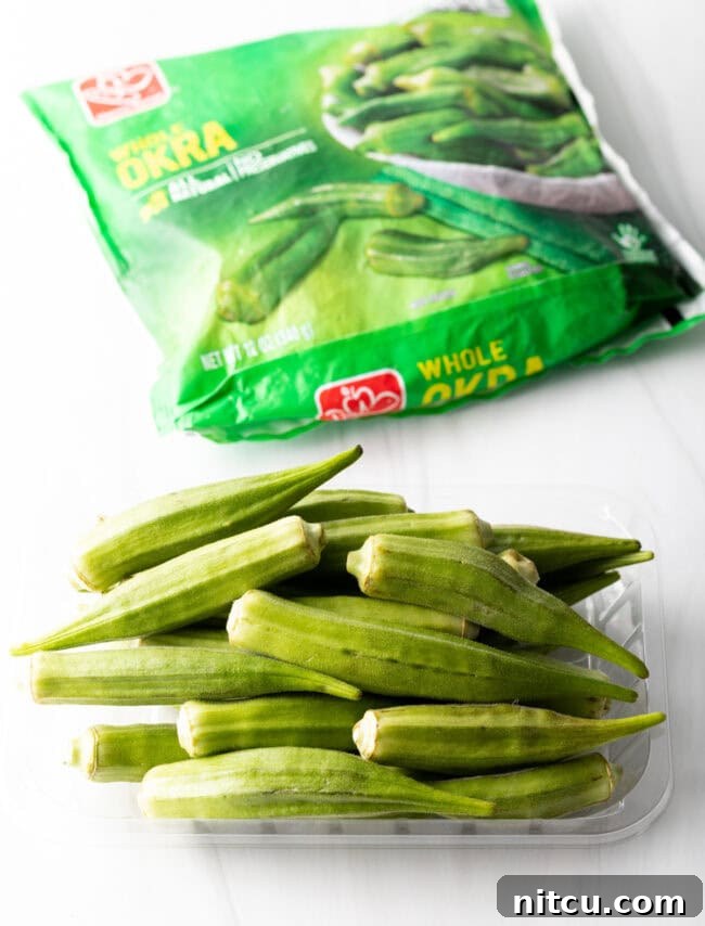 Fresh whole raw okra pieces, and bag of frozen whole okra.