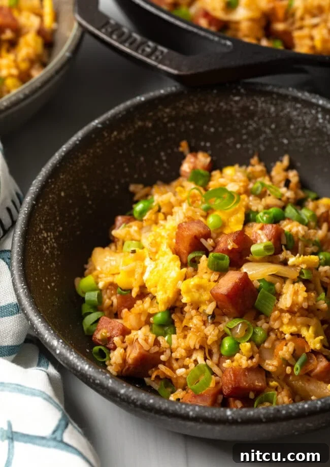 Close view bowl of spam fried rice with kimchi.