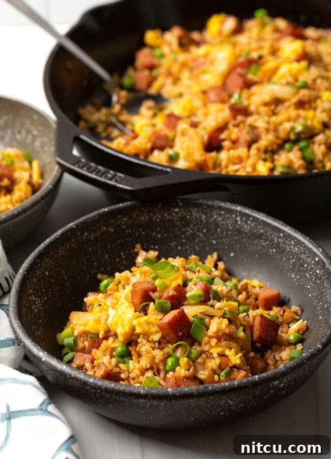 Bowl of spam and kimchi Hawaiian fried rice final recipe photo.