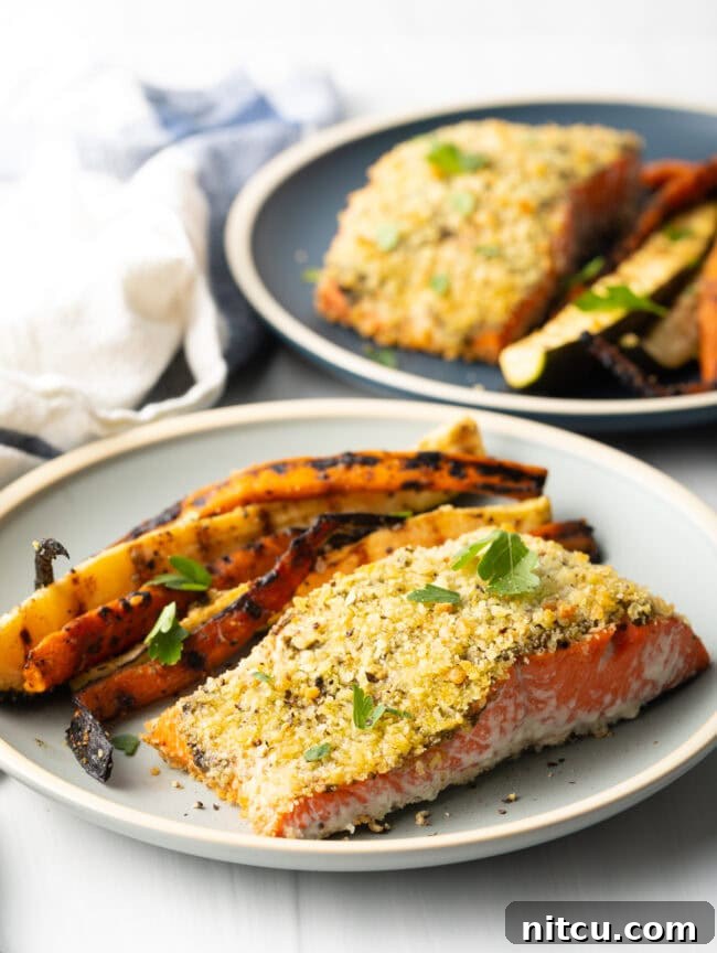 Plate with air fried salmon and grilled veggies.