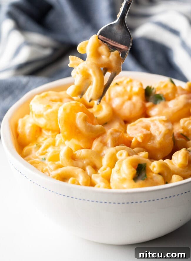 Fork taking a generous bite of creamy macaroni with cheese and shrimp from a bowl.