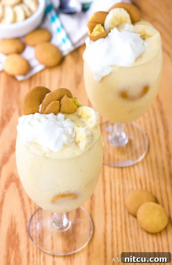 Overhead view of a beautiful Banana Pudding Milkshake with toppings