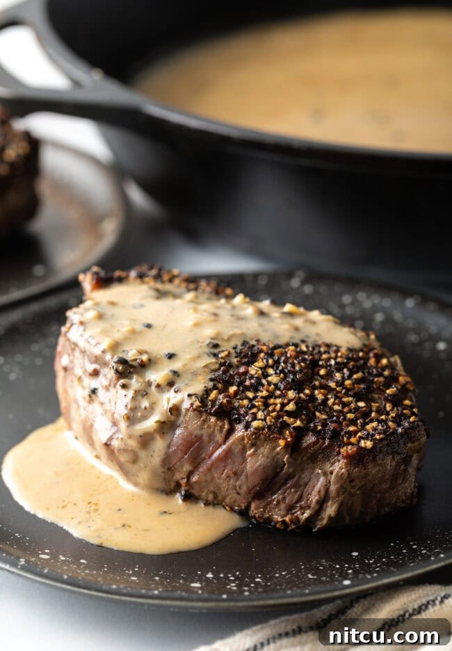 Close view Steak au Poivre with cognac cream sauce on a plate.