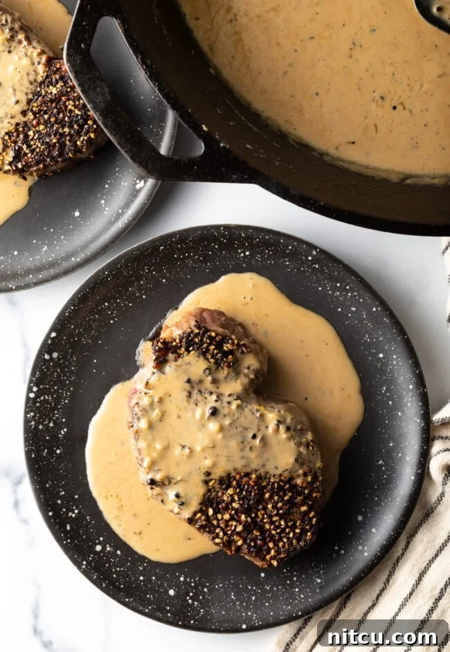 Top down view peppercorn steak with cream sauce on a plate.