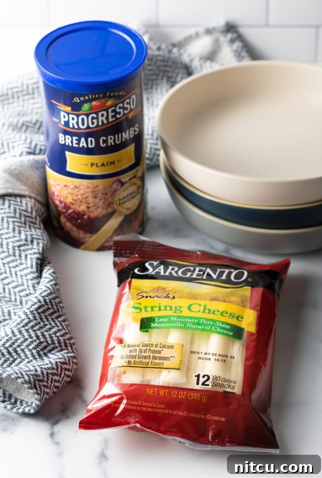 Recipe ingredients: packaged string cheese, breadcrumbs, 3 shallow bowls.