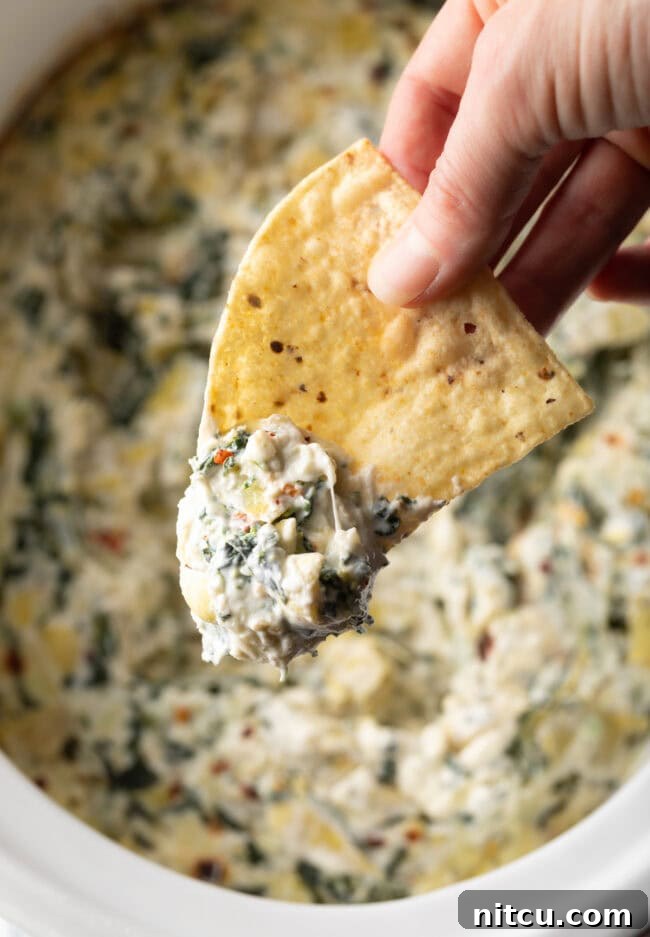 Hand with tortilla chip scooping dip from slow cooker.
