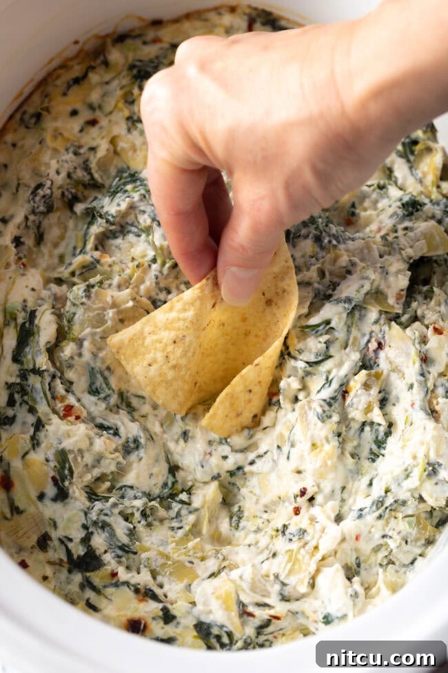 Hand with tortilla chip scooping the Crockpot Spinach Artichoke Dip.