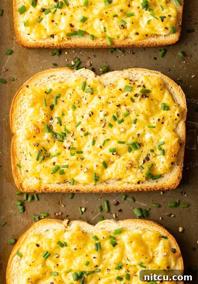 Cheese Toastie - Top down close view toasted bread with cheese and chives.
