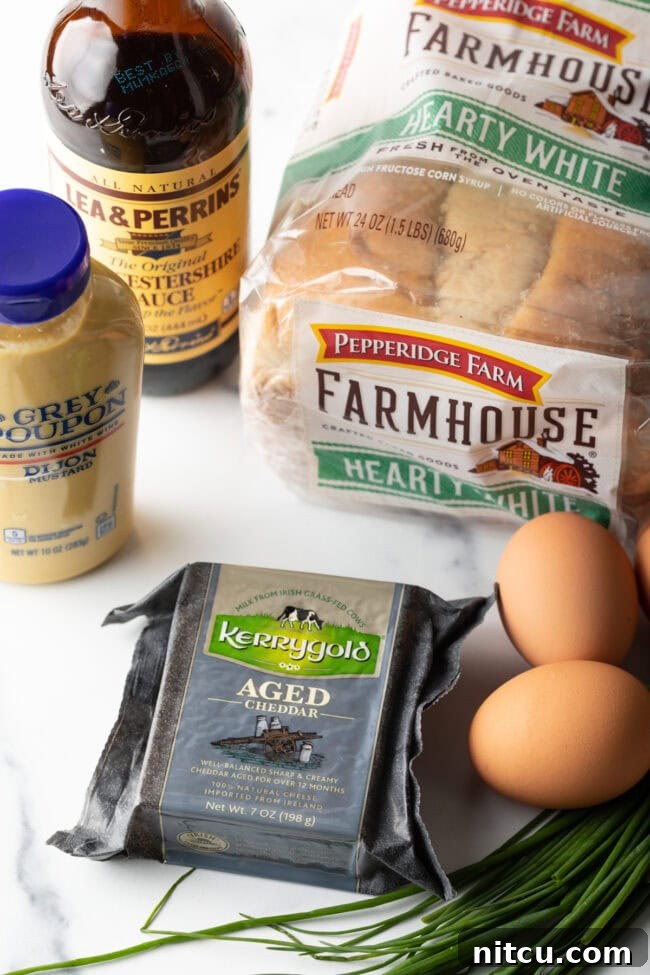 Ingredients you need: Eggs, aged cheddar, farmhouse bread, Dijon mustard, Worcestershire sauce.